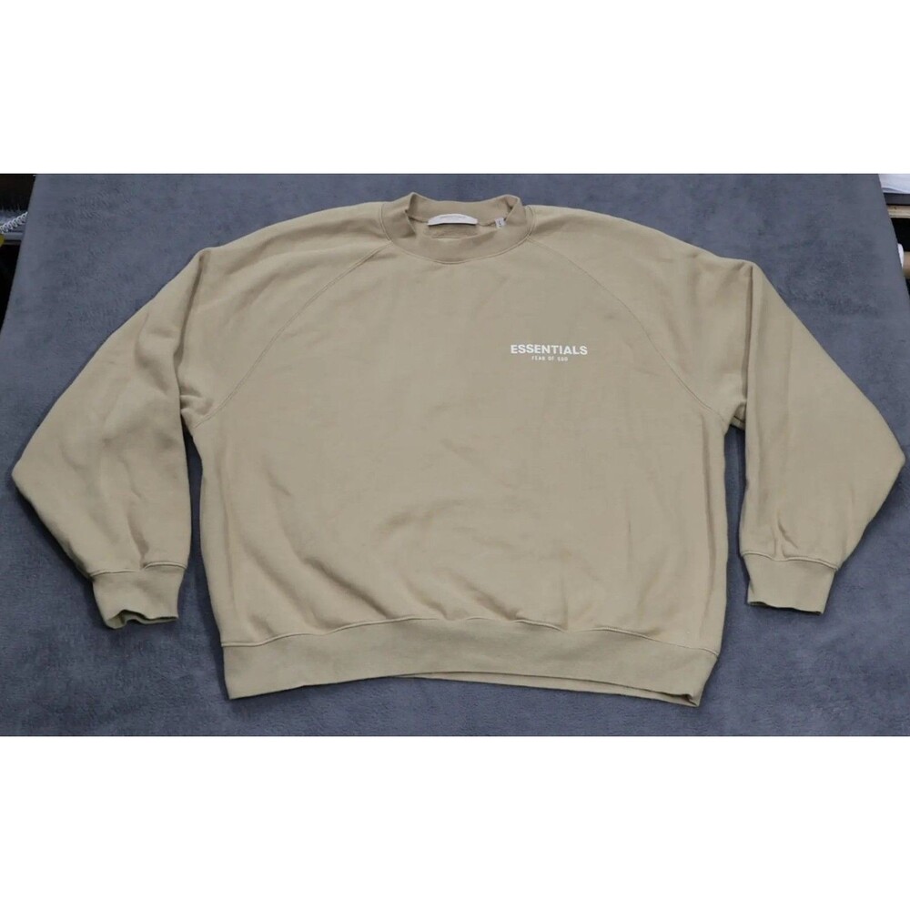 Essentials Fear of God Mens Sweatshirt Crewneck Size L Tan Fleece Pullover Logo